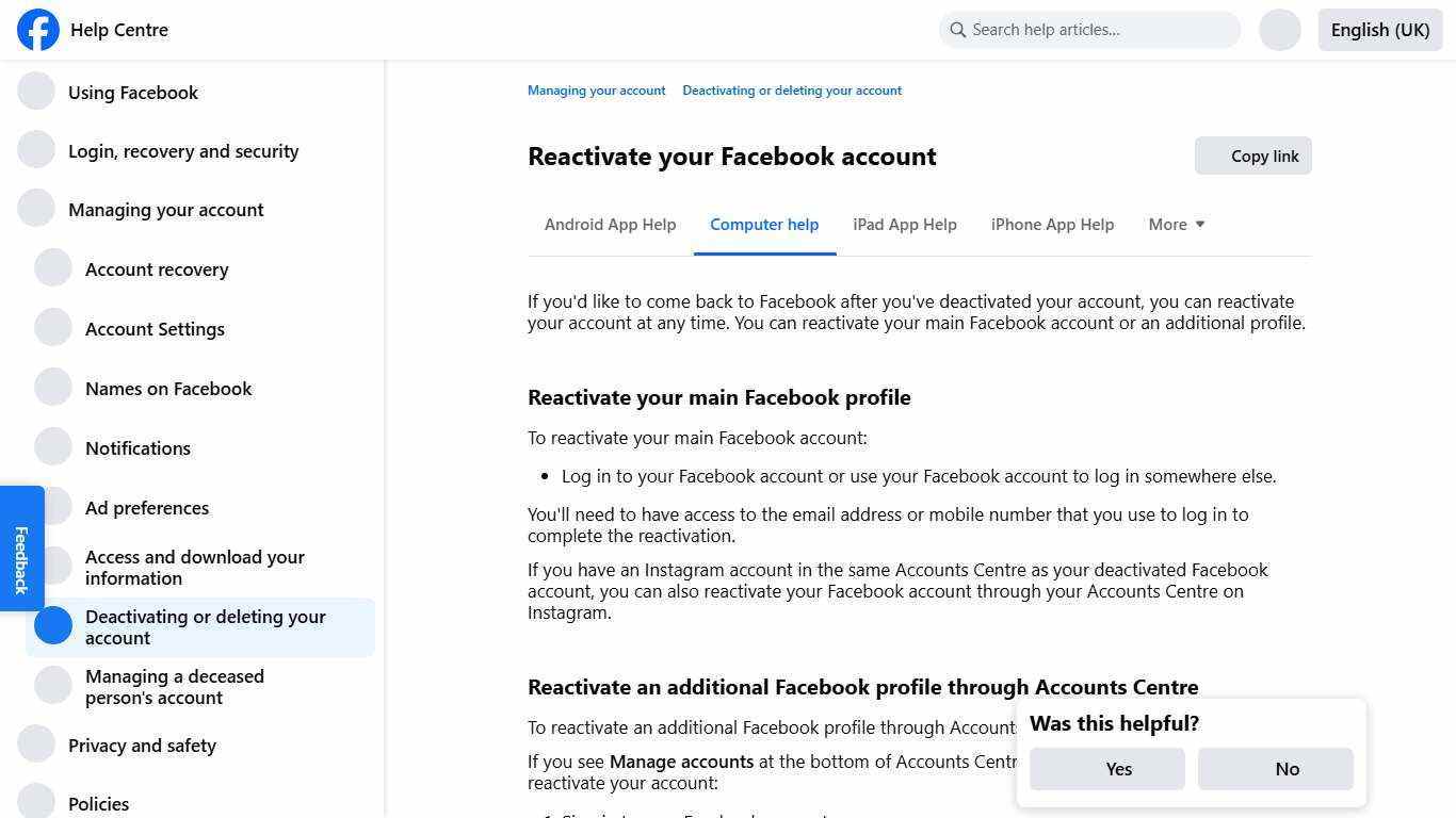 Reactivate your Facebook account | Facebook Help Centre