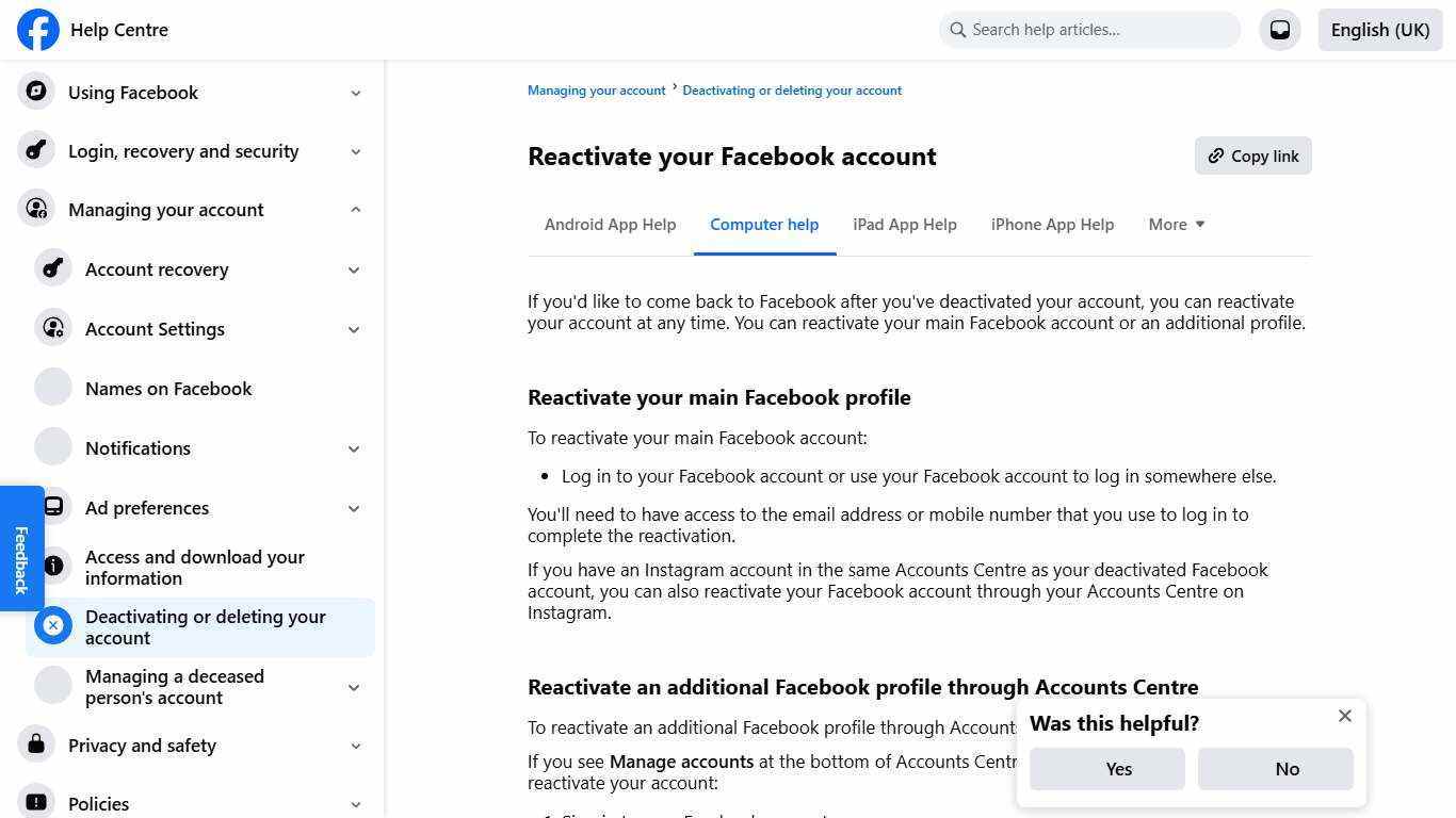 Reactivate your Facebook account | Facebook Help Centre