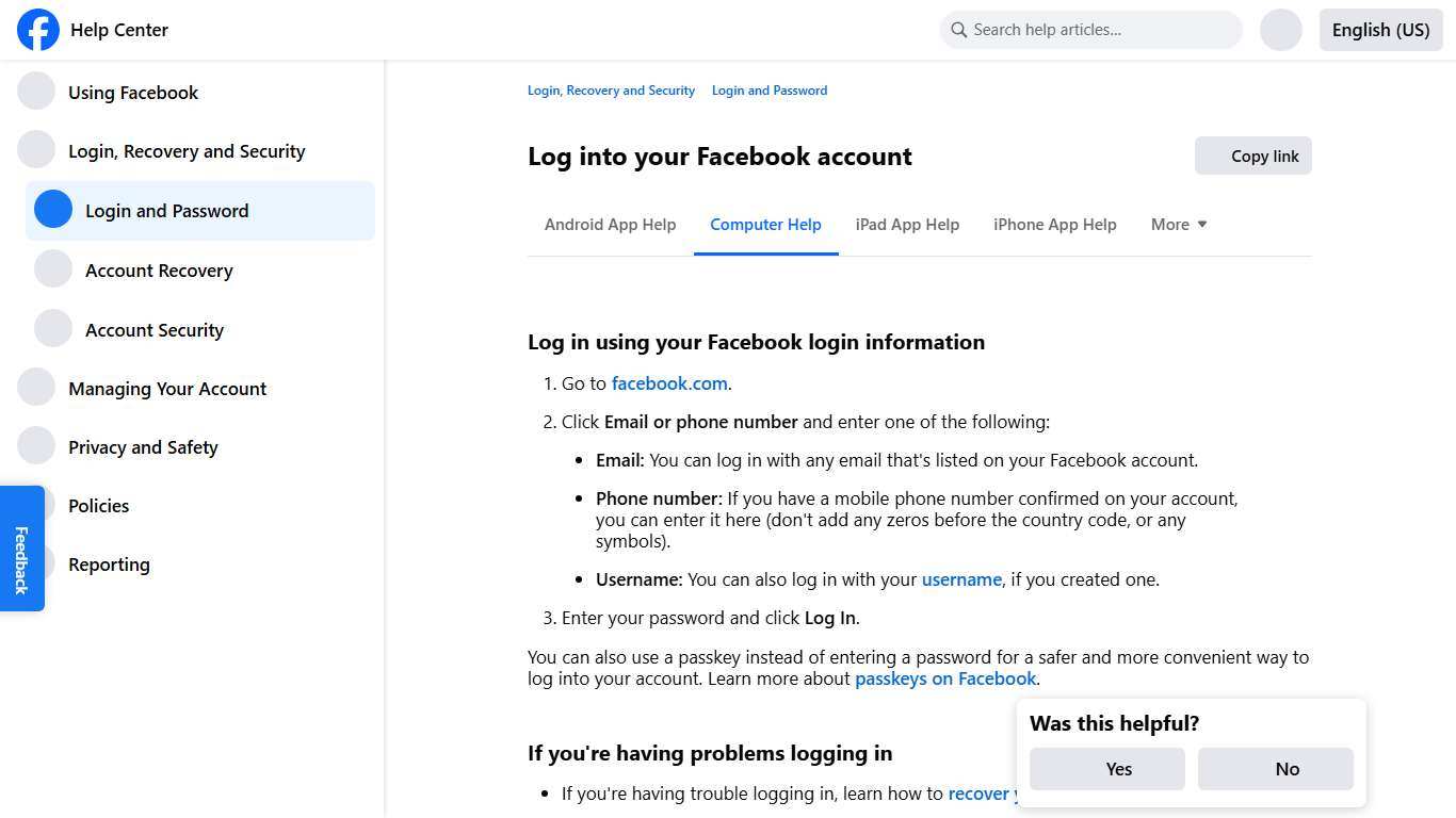 Log into your Facebook account | Facebook Help Center