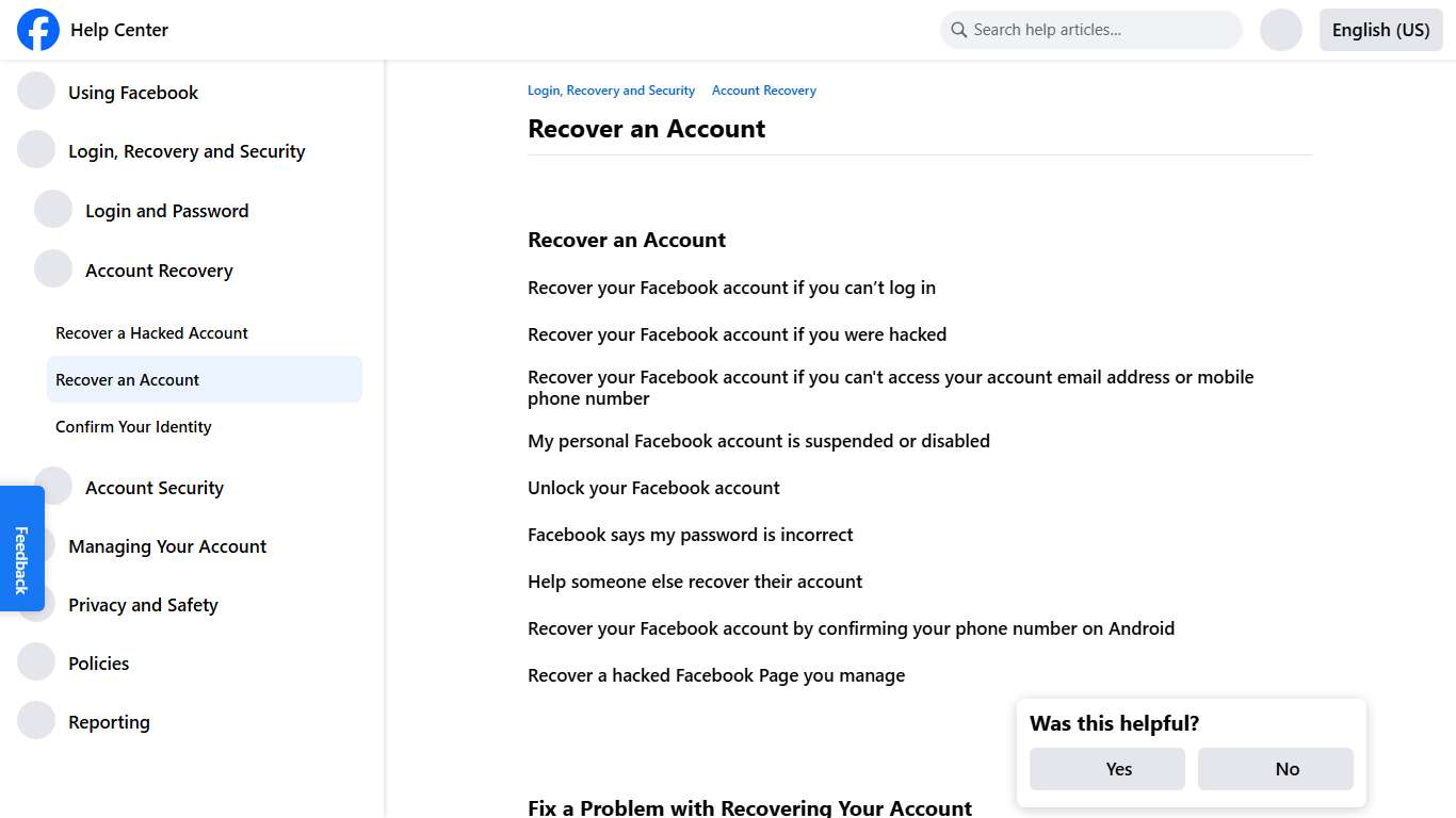 Recover an Account | Facebook Help Center
